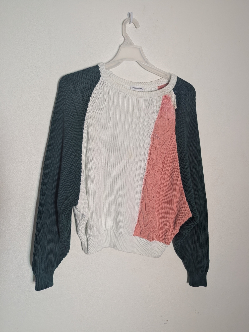 Lacoste Womens Colorblock Dolman Sleeve Sweater Cableknit 100% Cotton Prep Large